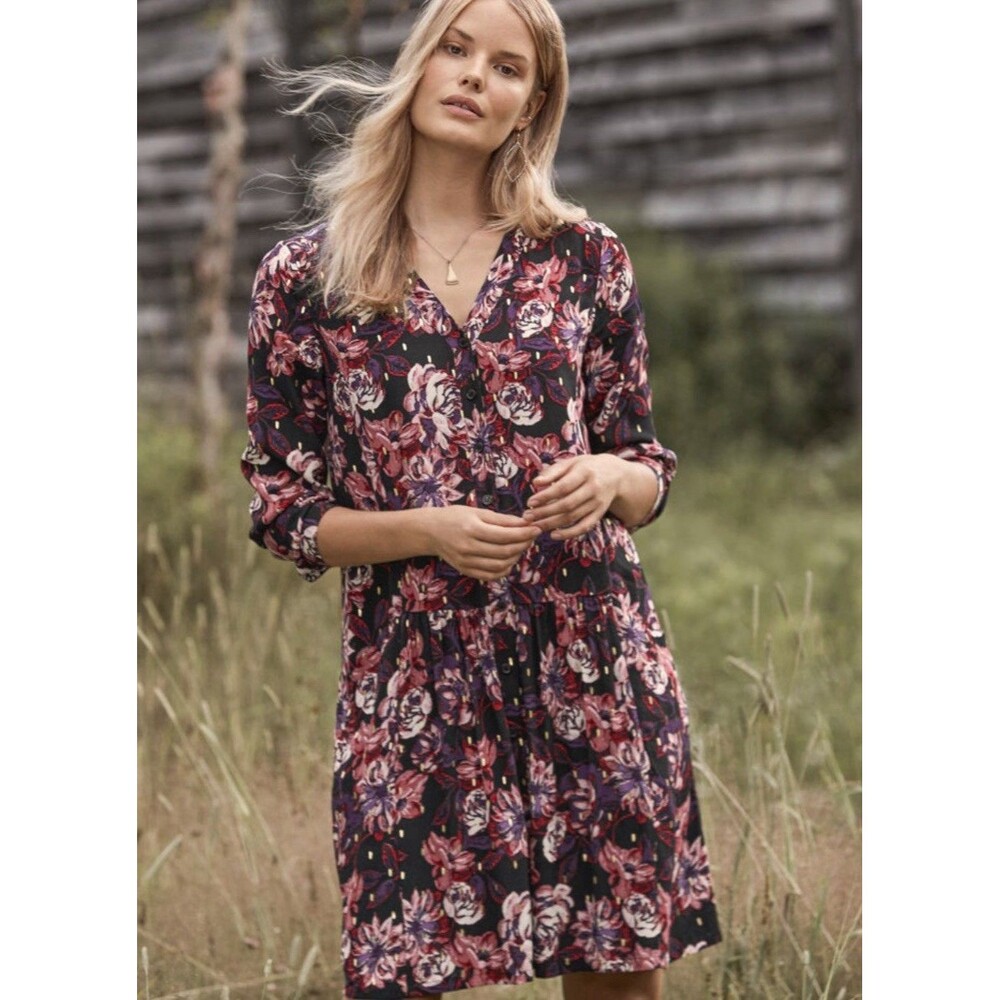 Garnet Hill Dress Drop Waist Button Front Black Moody Floral Chic Fall Size 10